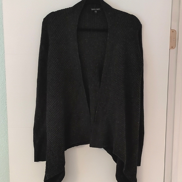 Eileen Fisher Gray& white Angled Open Front Cardigan Minimalist knit blazer - Picture 1 of 8
